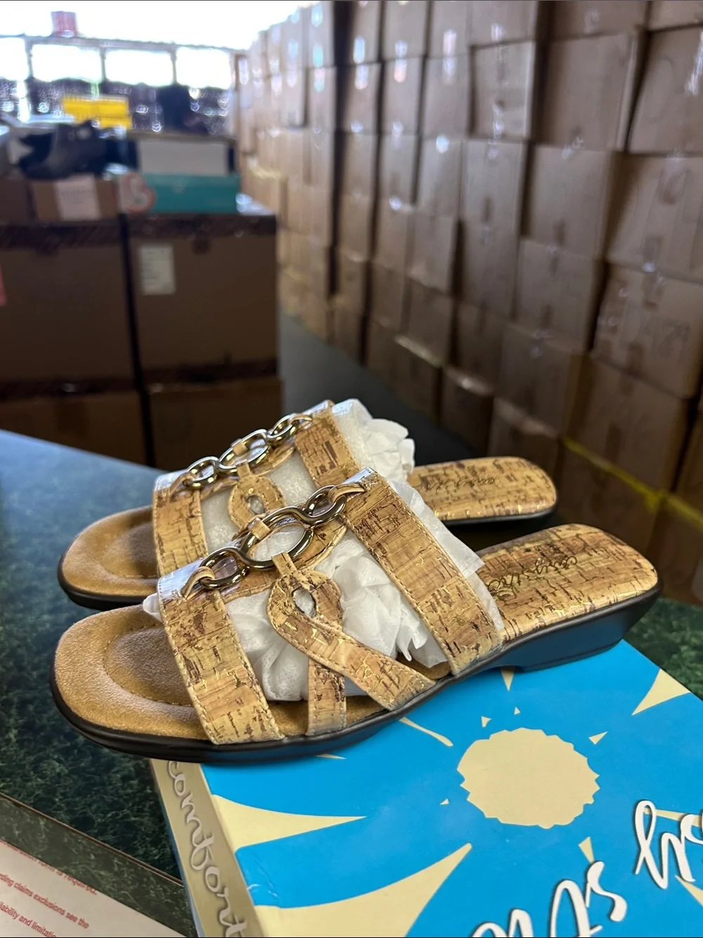 easy street Tan Cork Slide Sandals with Gold Chain Accent (Narrow)